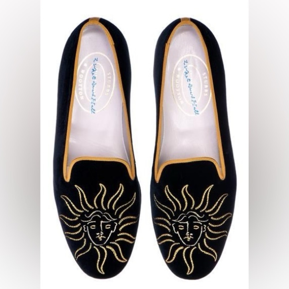 Stubbs & Wootton Black and Gold Sun Embroidered Loafers